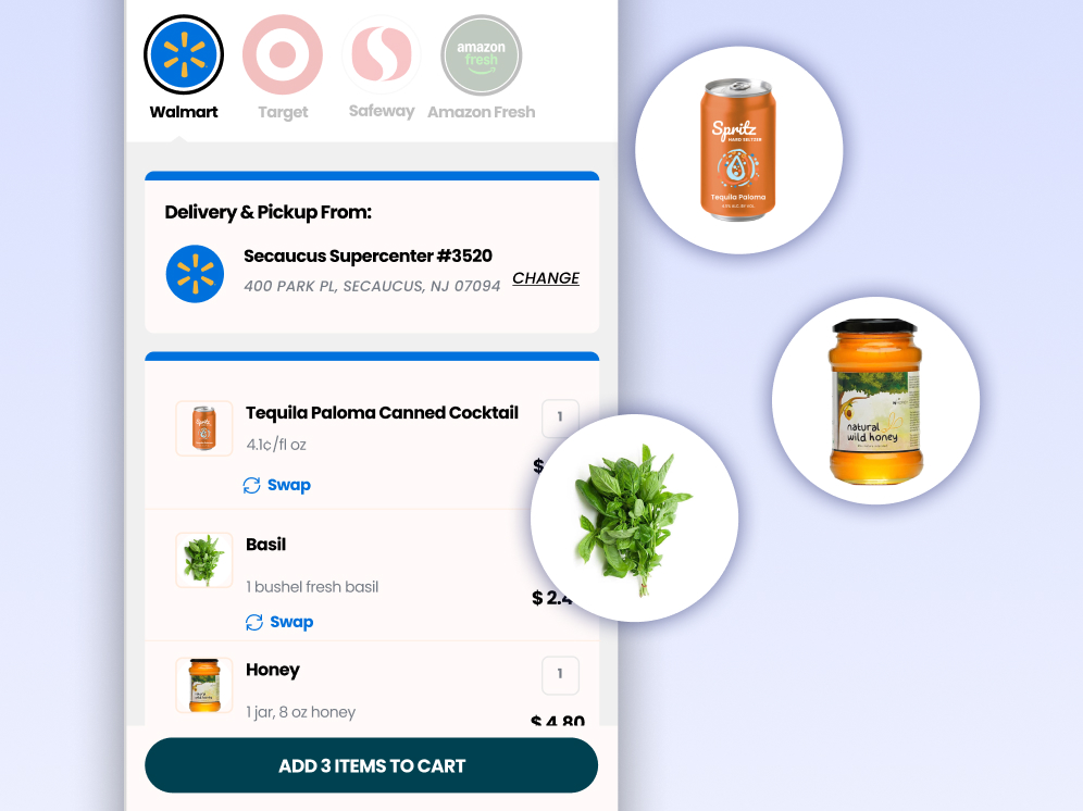 Multi-product cart bundle with a canned cocktail, basil, and honey added together