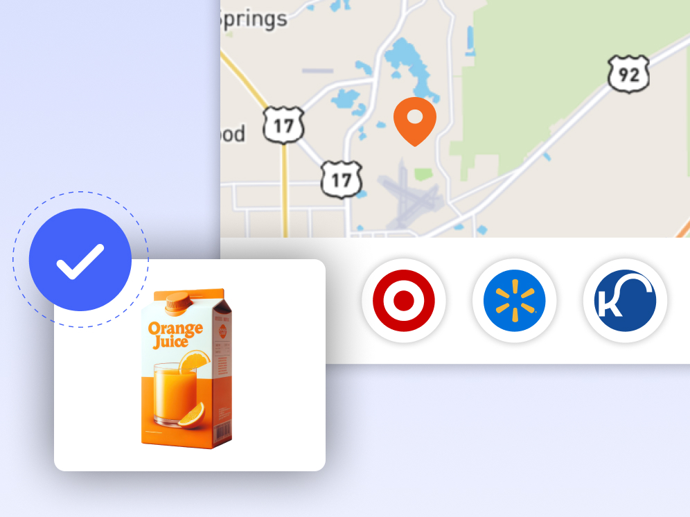 Map view with a nearby store pin and local retailer options for a product