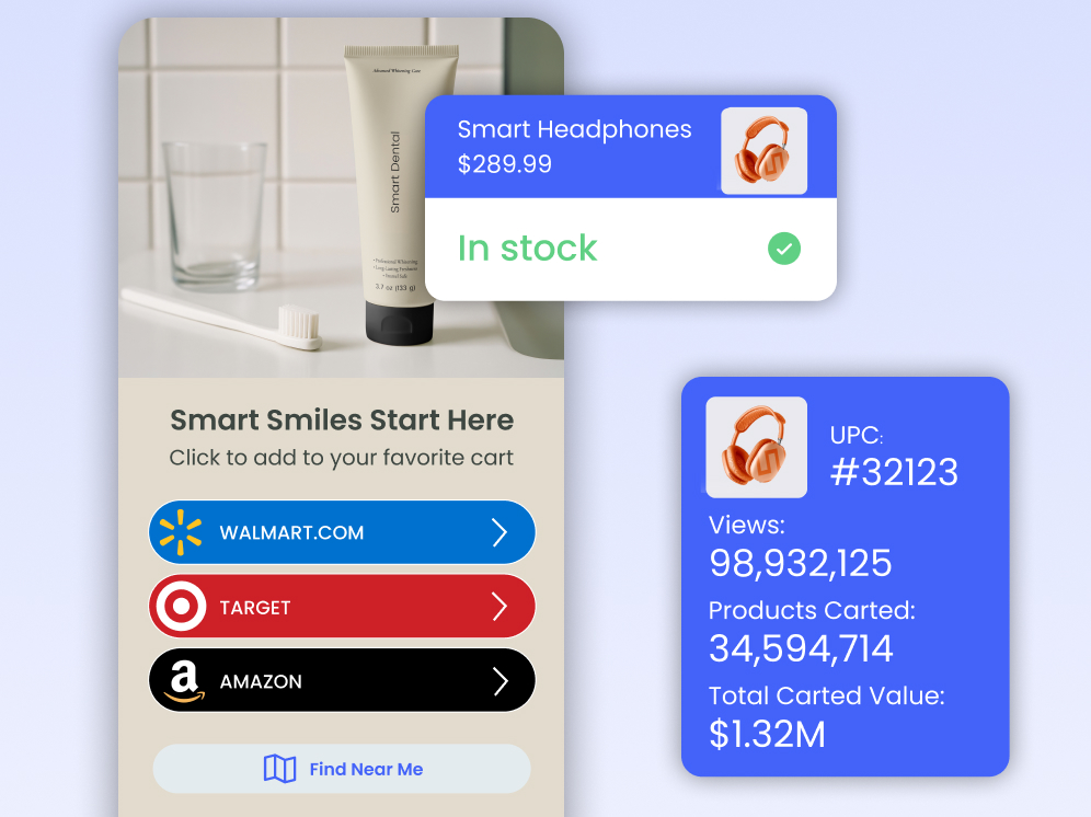 Shopper's Choice landing page showing an in-stock Smart Headphones product with retailer buttons