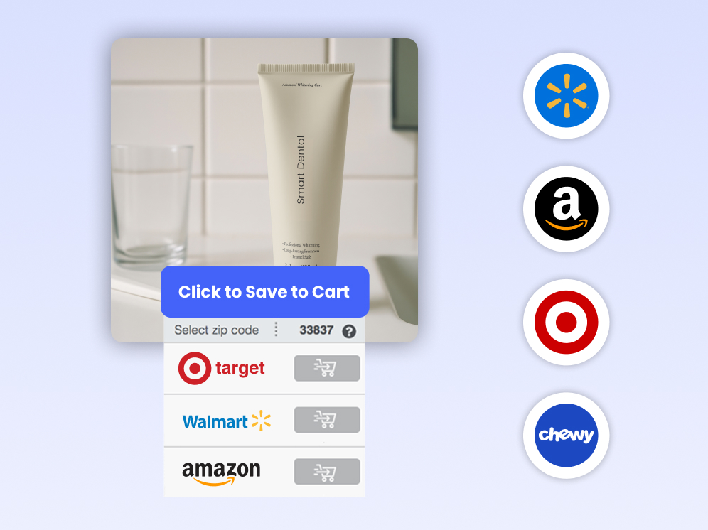 Smart Dental product card with Walmart, Amazon, Target, and Chewy retailer icons