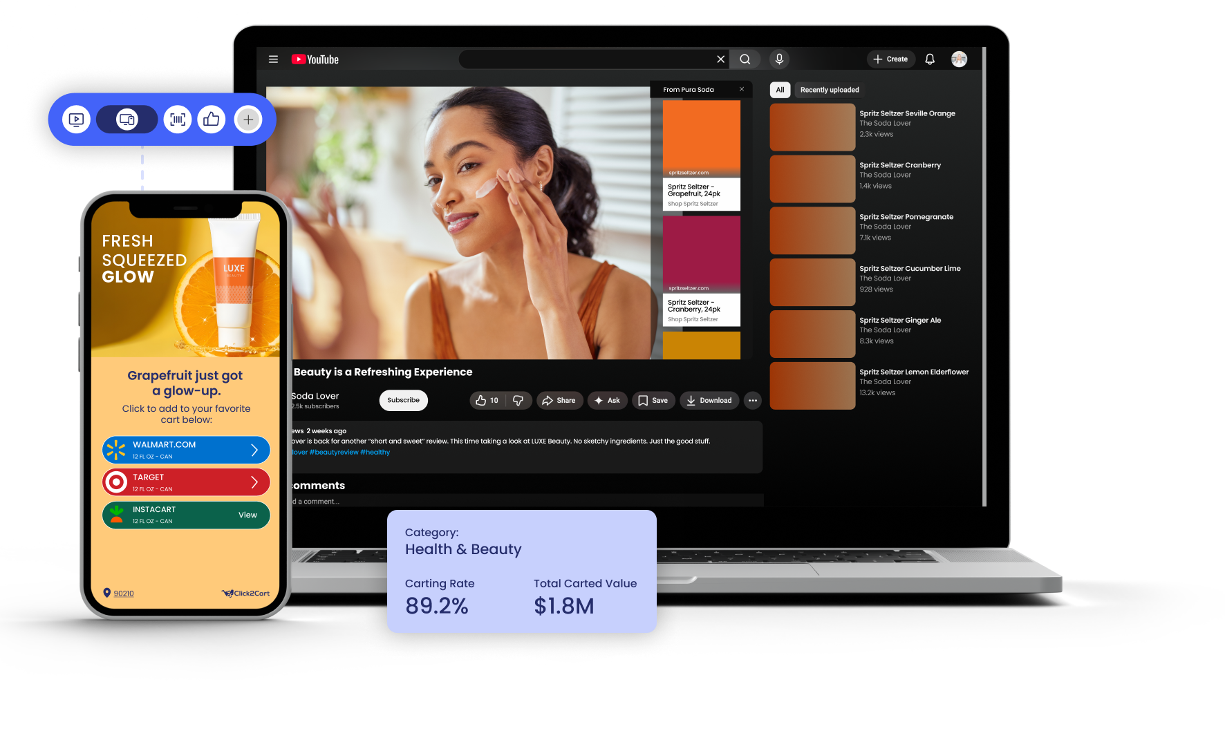 YouTube video with a Click2Cart shoppable overlay for a skincare product, showing carting rate stats